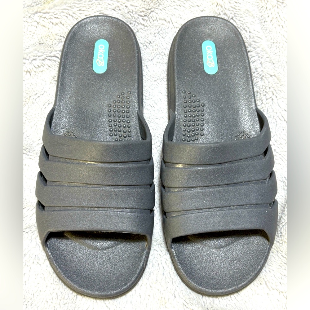 Dark Grey Slip-On Sandals with Textured Footbed